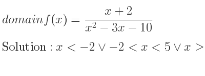 The domain of f(x)=(x+2)/(x^2-3x-10) is x<-2\lor-2<x<5\lor x>5